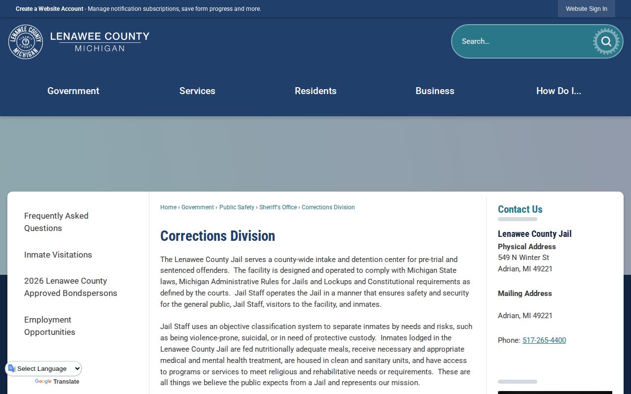 Lenawee County Corrections Division official webpage