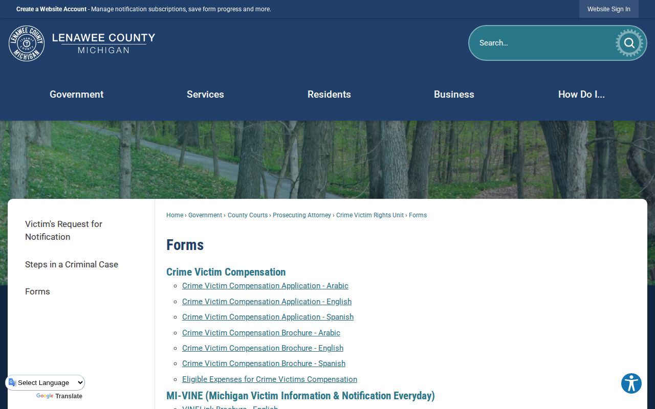 Lenawee County MI-VINE forms and custody notification materials