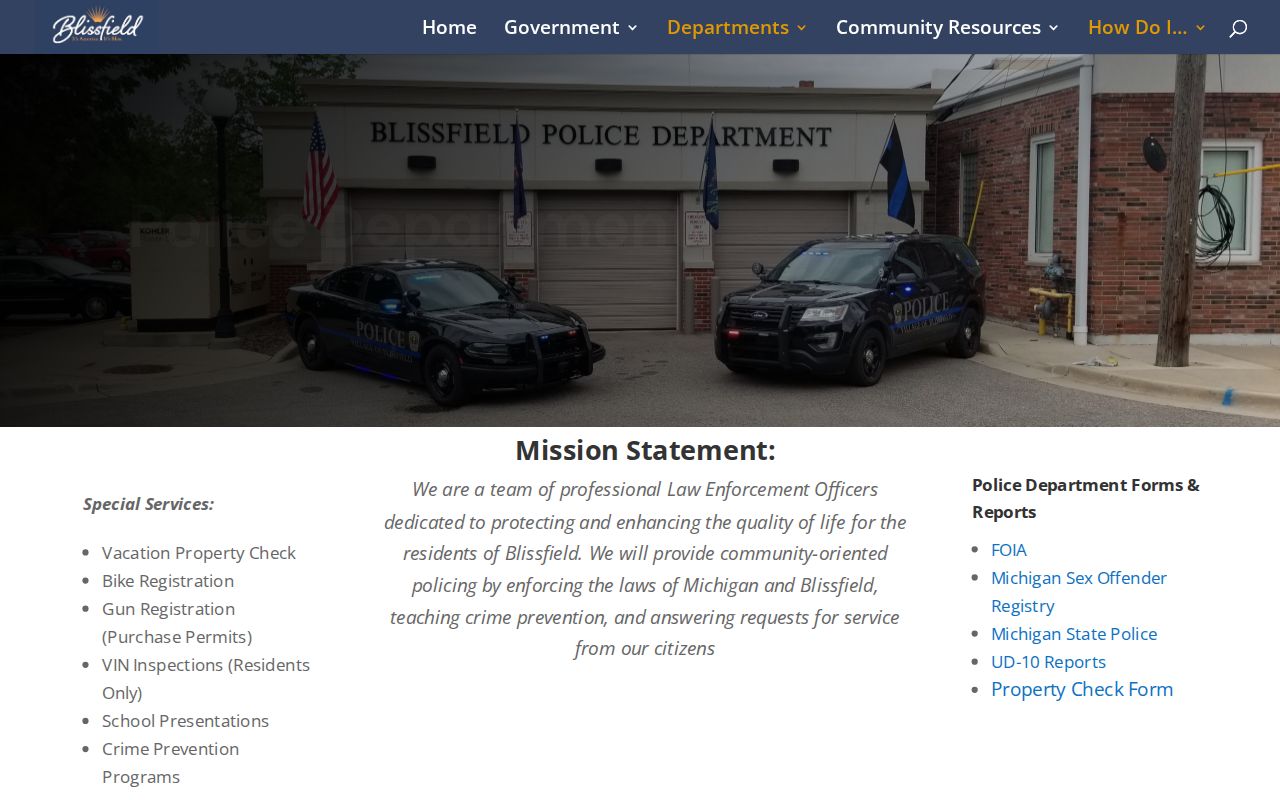 Captured official Blissfield Police Department webpage with department information and report links