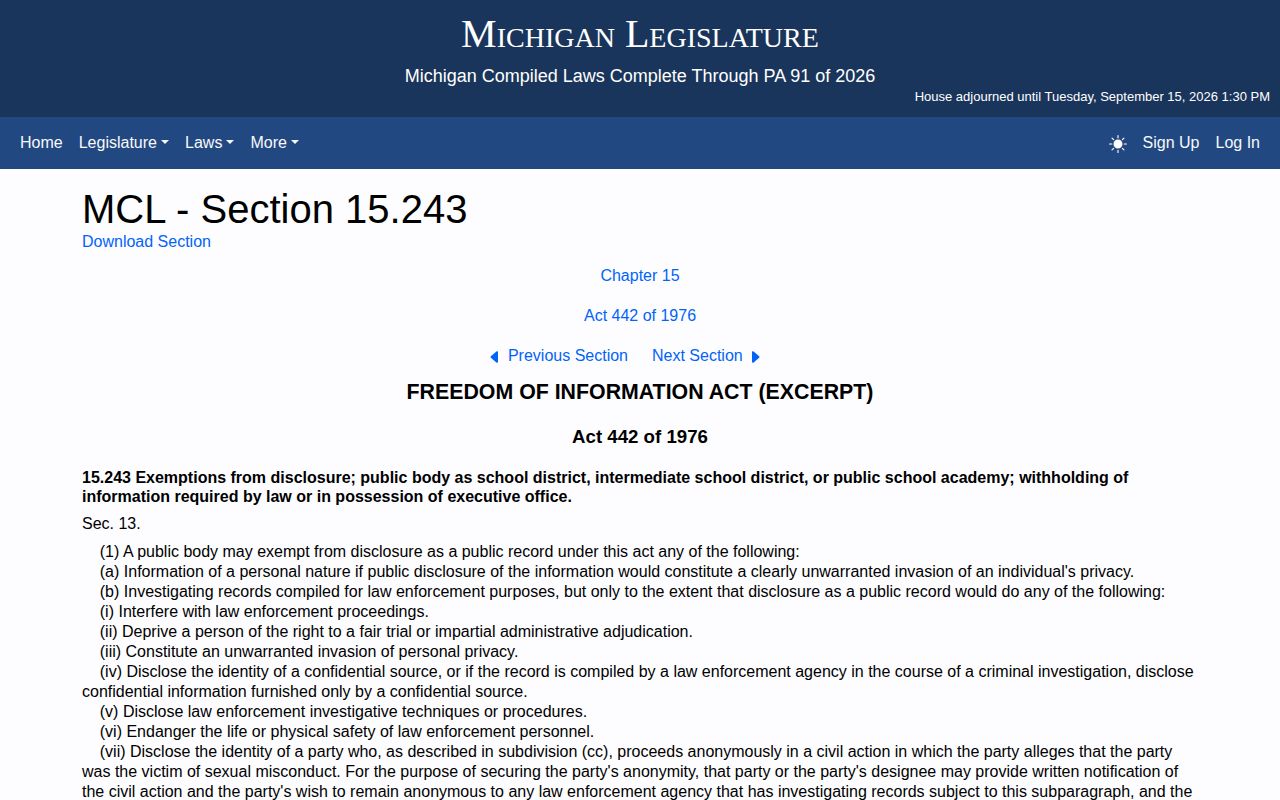 Michigan Legislature FOIA exemptions webpage